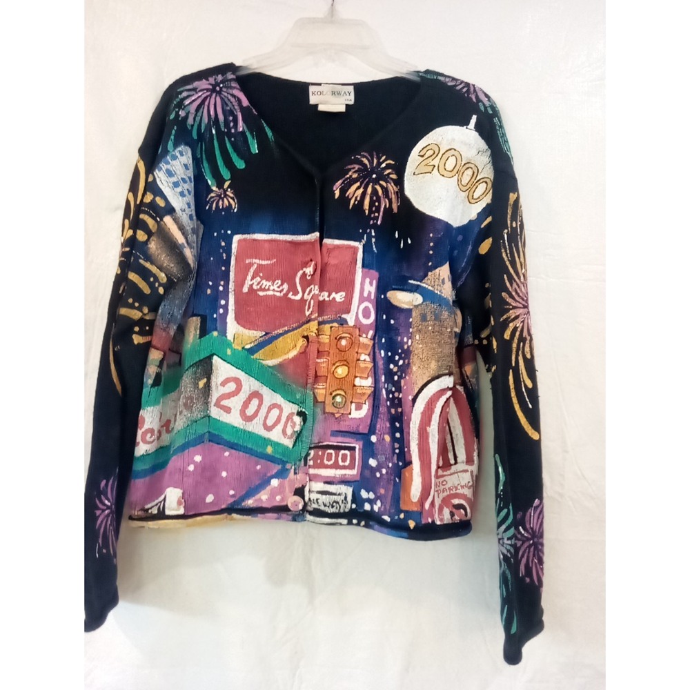Vintage Kolorway Women's Art To Wear Hand Painted Women Print Sweater Size 1 Y2K